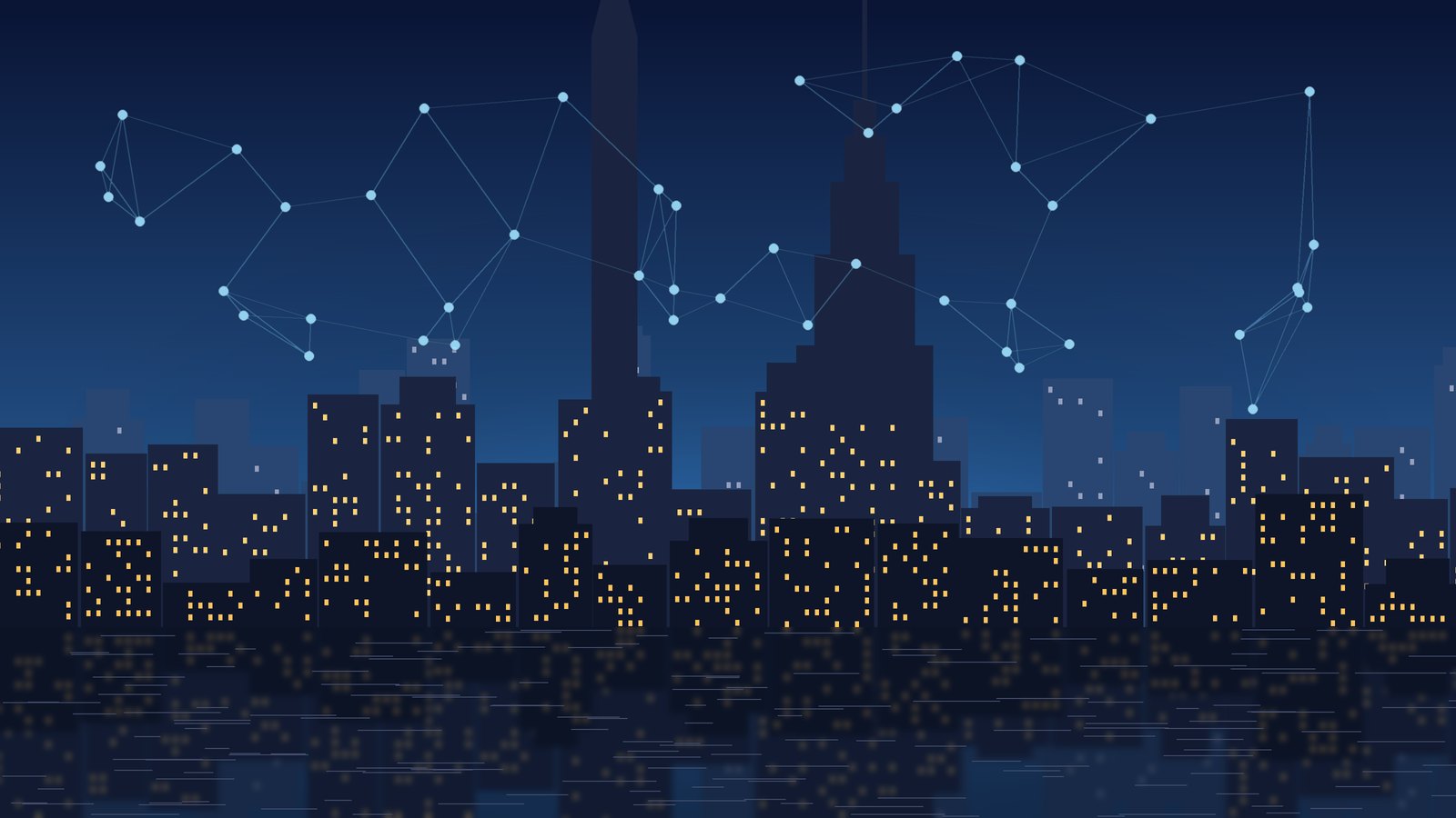 Illustrated city skyline at dusk overlaid with a glowing network of data points