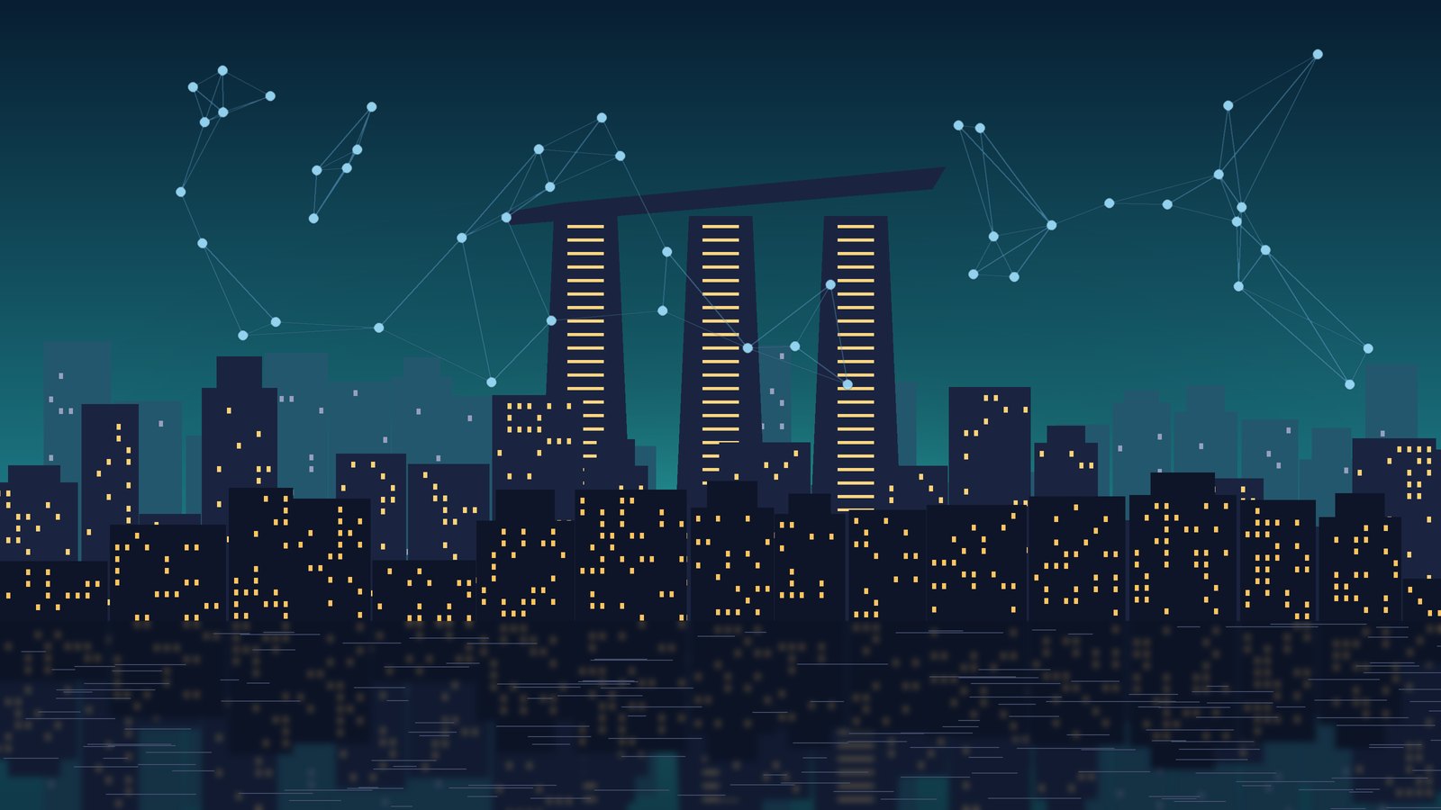 Illustrated skyline with glowing teal network lines connecting data points above the city