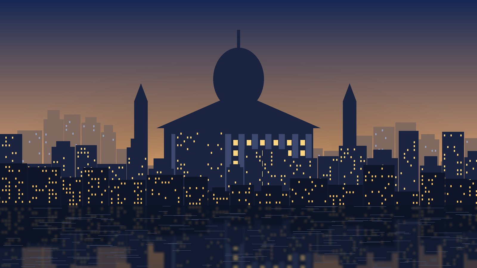 Illustrated university hall with a dome and columns at dusk