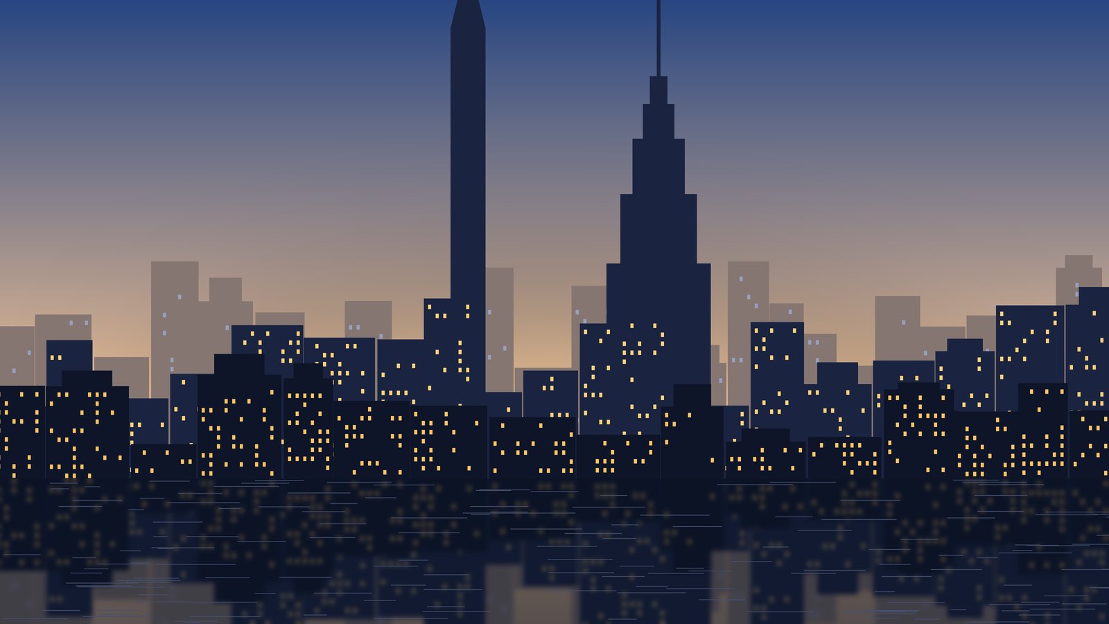 Illustrated city skyline in morning light with tall office towers