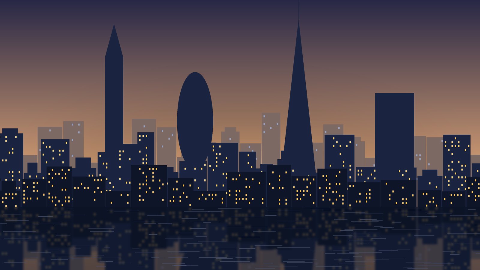 Illustrated London skyline in golden evening light with a tall glass tower
