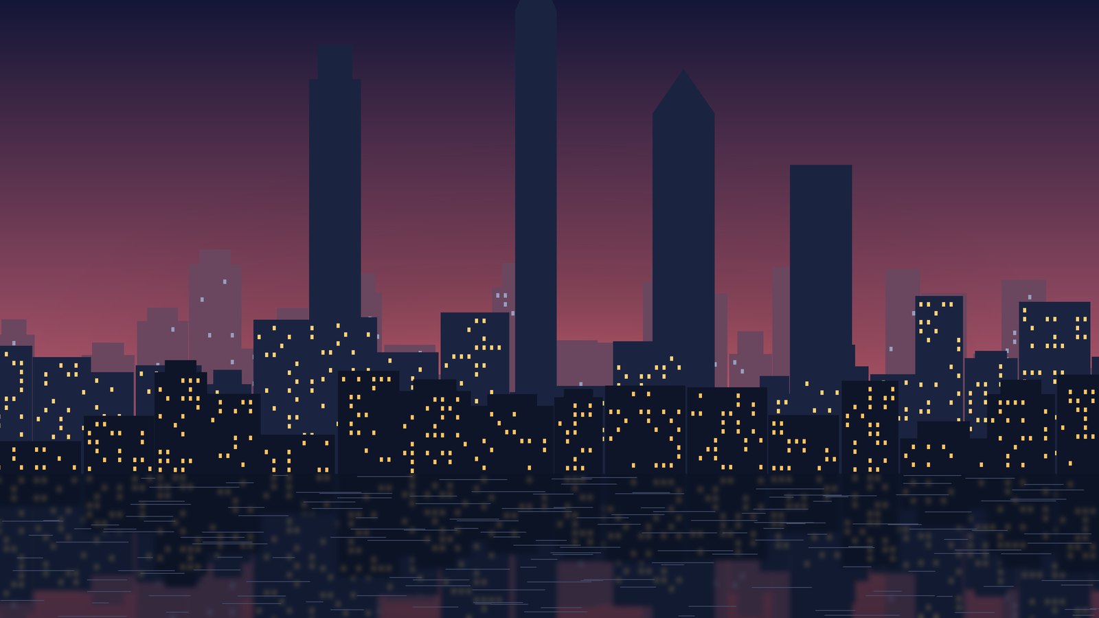 Illustrated Hong Kong skyline at dusk reflected in the harbour