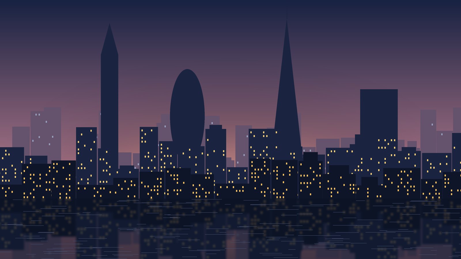 Illustrated London skyline at dusk with a tall glass tower and a clock tower