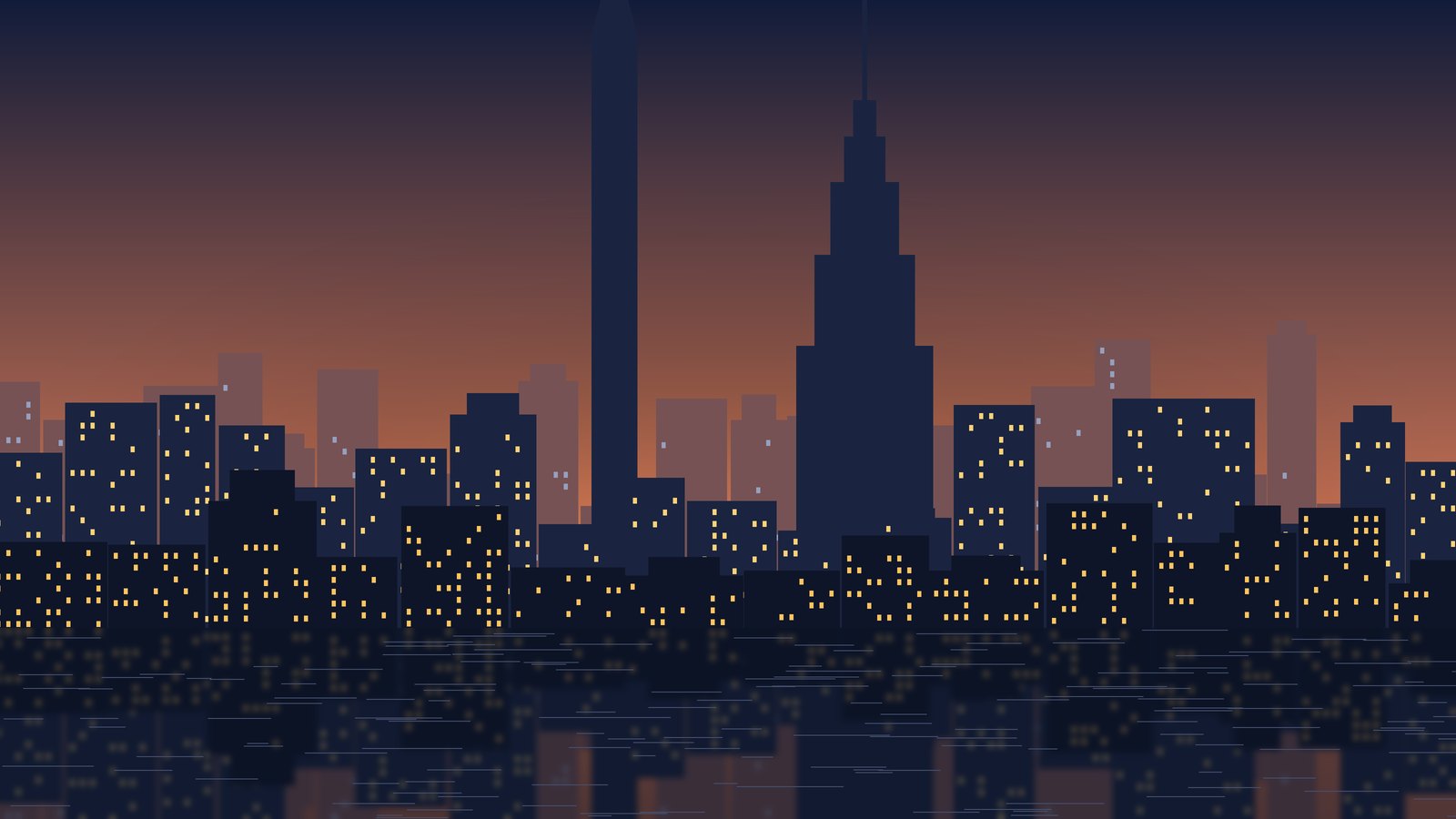 Illustrated New York skyline at sunset with tall towers and lit windows