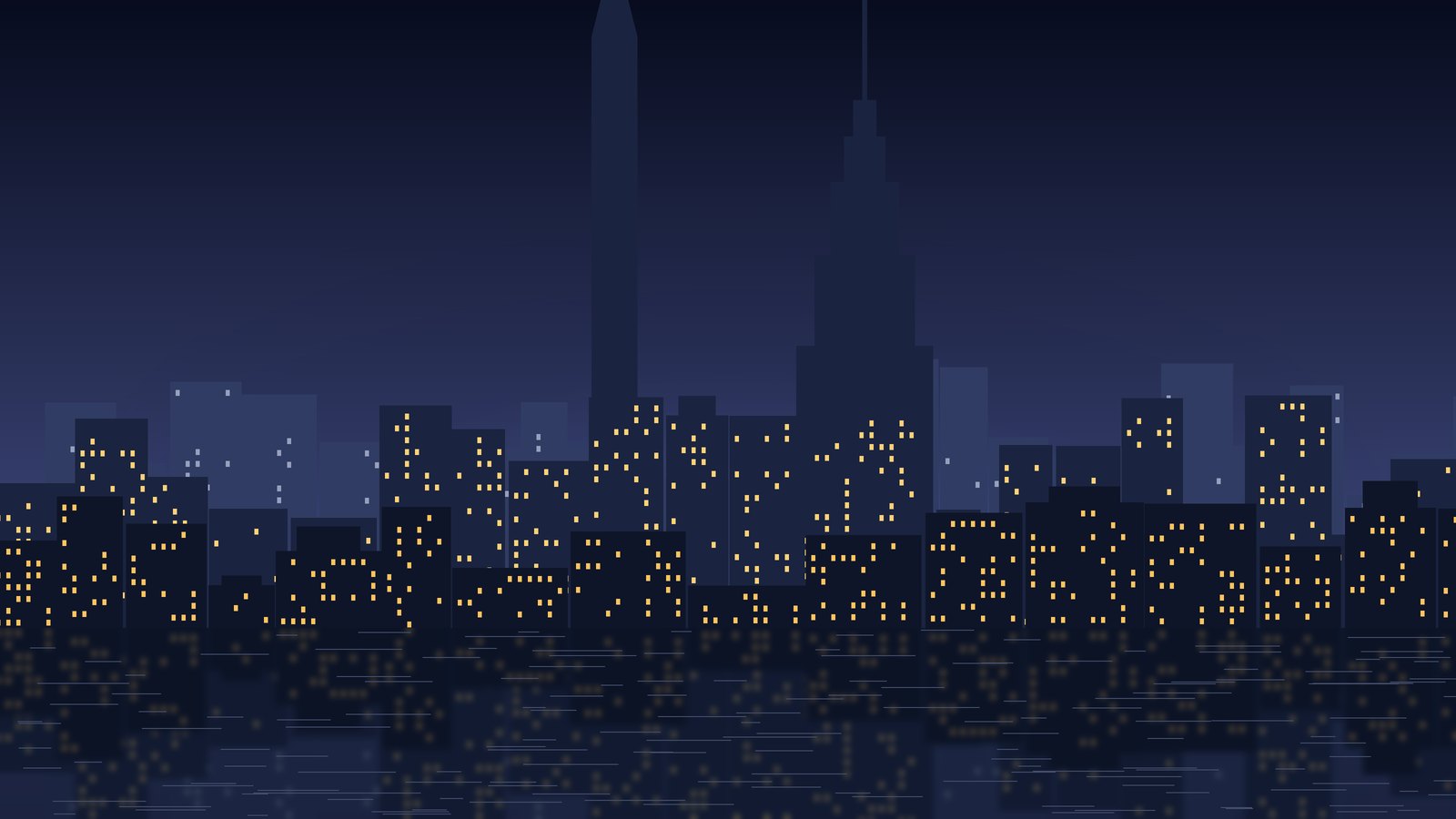 Illustrated New York skyline at night with lit office towers