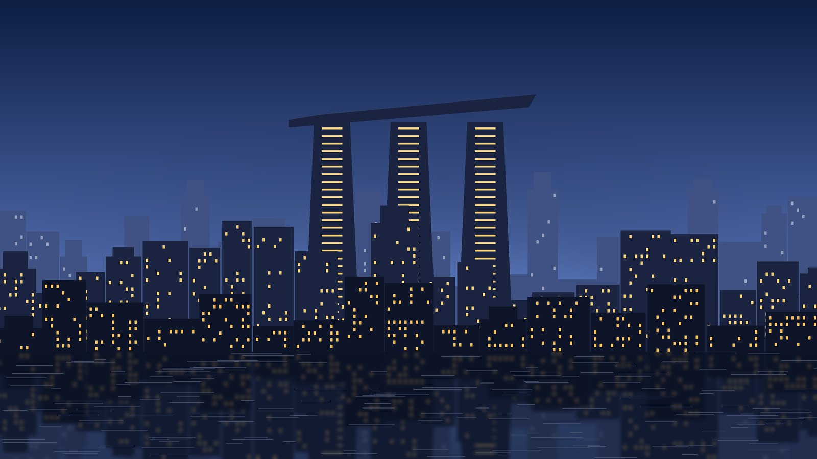 Illustrated Singapore skyline at night with three towers joined by a rooftop deck