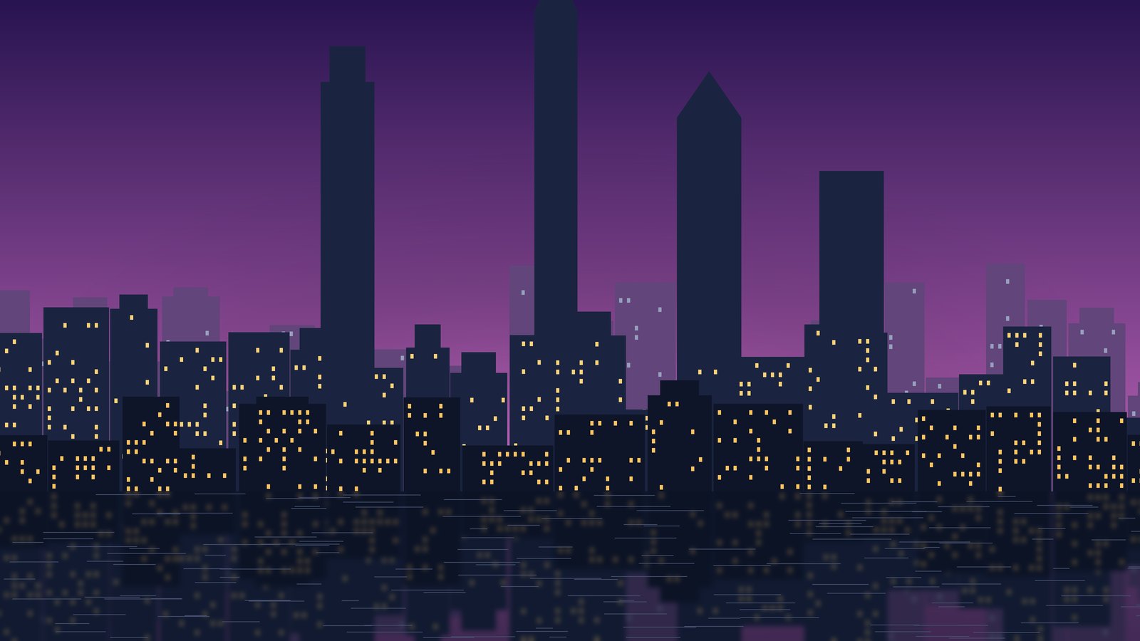 Illustrated Hong Kong skyline in violet evening light